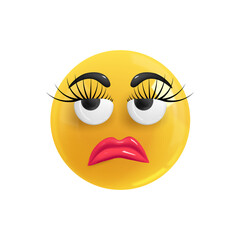 Emoji face upset displeased girl. Realistic 3d design. Emoticon yellow glossy color. Icon in plastic cartoon style isolated on white background. EPS