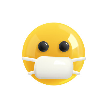 Emoji face in a medical mask. Realistic 3d design. Emoticon yellow glossy color. Icon in plastic cartoon style isolated on white background. PNG