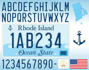 Rhode Island US state car license plate 2023 new pattern, letters, numbers and symbols, vector illustration, USA - obrazy, fototapety, plakaty