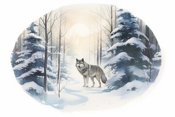 Watercolor painting of a wolf in snowy forest with a moon. Generative AI