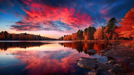 colorful beautiful landscape of yellow and red autumn al lake or river, colourful scene of fall and water
