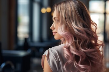 Beauty girl with long and shiny wavy Hair ,coloring and toning, shatush and balayash . Beautiful woman model with curly hairstyle .