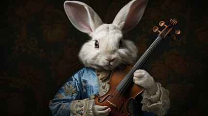 3D ironic bunny portrait, Musician rabbit, Violinist, Violin, Playing, 1700. BUNNY THE VIOLINIST. A rabbit posing with violin in 1700s Baroque style. Ruffled collar, white and blue attire.