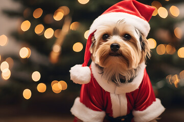 a dog in Santa Claus dress for Christmas celebration with blur banner background and sparkling lights, black eyes and nose with light brown fur, festive greeting on holly days of merry christmas