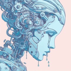 AI generated illustration of a female robotic figure crying - obrazy, fototapety, plakaty