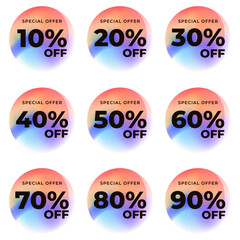 SET SALE TAG BADGE TEMPLATE GRADIENT COLOR DESIGN. OFFER WITH DIFFERENT DISCOUNT FROM 10, 20, 30, 40, 50, 60, 70, 80, 90 PERCENT OFF.MODERN DESIGN VECTOR FOR YOUR BUSINESS
