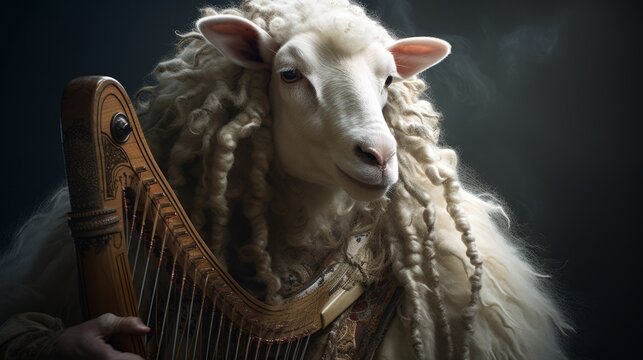 3D ironic bizarre portrait, Musician sheep, Lyre, Playing, Animal, Divine. LYRE-PLAYING SHEEP (FROM THE OLYMPUS OF THE ANIMAL GODS). A superhuman sheep musician with his divine instrument, the lyre.