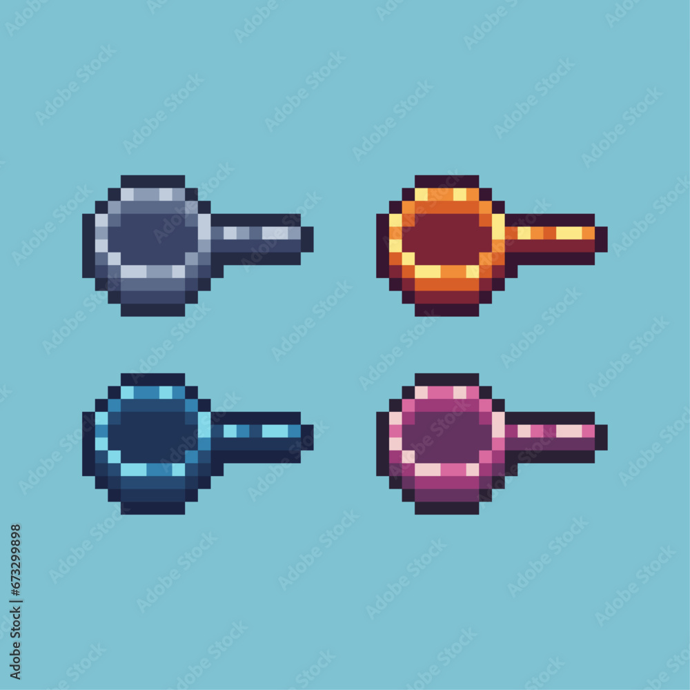 Poster pixel art sets of frying pan with variation color item asset. simple bits of cooking pan pixelated s