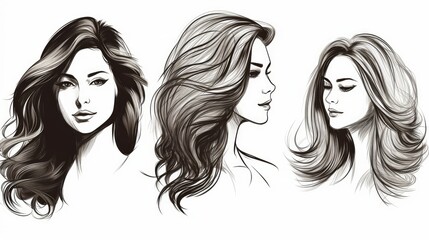 girl set, beautiful woman face, girl with beautiful hair hand drawn  illustration sketch, Generative AI