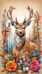 watercolor of beautiful deer on nature brown background