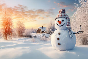 Obraz premium Smiling snowman in winter outdoor, wearing a hat and scarf, forest background professional photography. Generative Ai