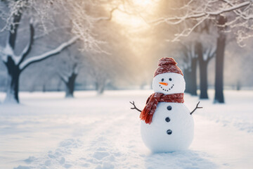 Fototapeta premium Smiling snowman in winter outdoor, wearing a hat and scarf, forest background professional photography. Generative Ai