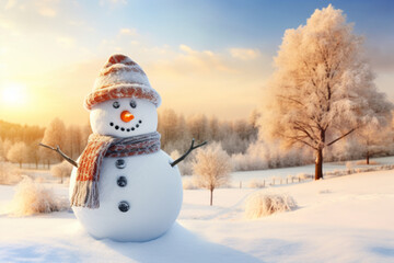 Obraz premium Smiling snowman in winter outdoor, wearing a hat and scarf, forest background professional photography. Generative Ai