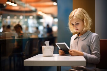 Blond girl is a server in a cafe with a tablet tablet on her face.