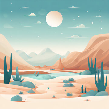 Serene Desert Illustration with Gentle Blues and Greens