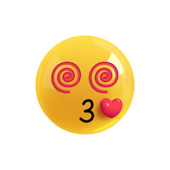 Emoji face dizzy with love. Realistic 3d Icon. Render of yellow glossy color emoji in plastic cartoon style isolated on white background. EPS 