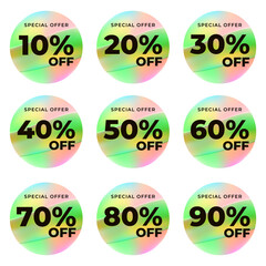 SET SALE TAG BADGE TEMPLATE GRADIENT COLOR DESIGN. OFFER WITH DIFFERENT DISCOUNT FROM 10, 20, 30, 40, 50, 60, 70, 80, 90 PERCENT OFF.MODERN DESIGN VECTOR FOR YOUR BUSINESS