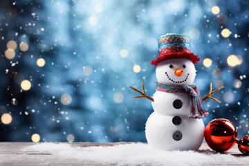 Smiling snowman in winter outdoor, wearing a hat and scarf,  forest background professional photography. Generative Ai