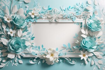 Background for party, birthday, wedding or graduation invitation in white color with floral frame with colorful decorations in soft art style. Generative Ai.