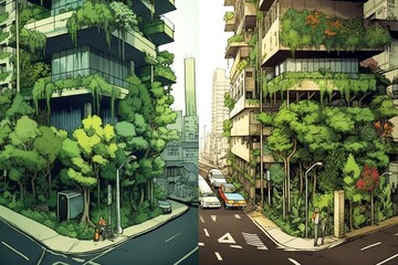Illustrations of artistic urban greening. Generative AI