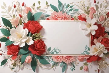 Foto op Plexiglas Background for party, birthday, wedding or graduation invitation in white color with floral frame with colorful decorations in soft art style. Generative Ai. © kapros76