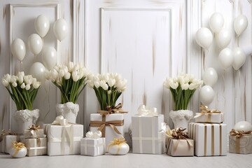 Easter Backdrop with Tulips, Presents, and Eggs