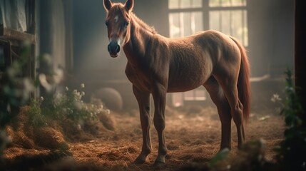 young horse in the nursery of a farm - obrazy, fototapety, plakaty
