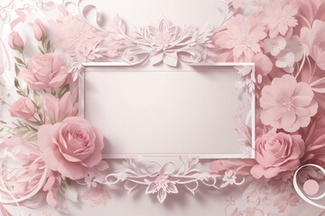 Background for party, birthday, wedding or graduation invitation in white color with floral frame with colorful decorations in soft art style. Generative Ai.