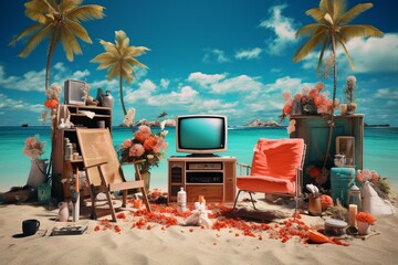 Explore an imaginative paradise with e-commerce visuals on a beautiful beach. Generative AI - obrazy, fototapety, plakaty