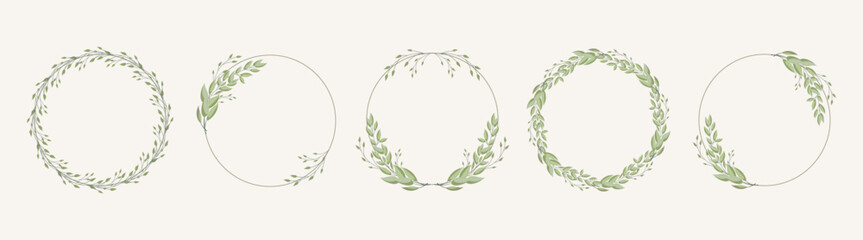 Set of round frames, wreaths with delicate branches of laurel leaves, eucalyptus leaves. Templates for cards and invitations in boho style. Vector - obrazy, fototapety, plakaty