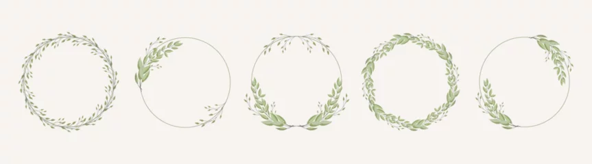 Fotobehang Set of round frames, wreaths with delicate branches of laurel leaves, eucalyptus leaves. Templates for cards and invitations in boho style. Vector © Tatiana