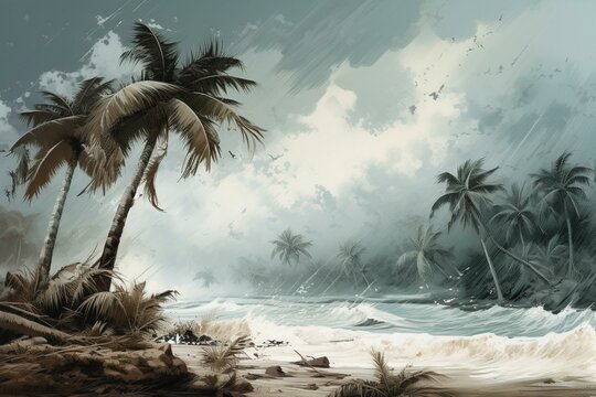 Illustration depicting a tropical hurricane reaching land with a beach and palm trees as the backdrop. Generative AI