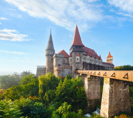 Fototapeta na wymiar Corvin Castle summer morning view (Hunedoara, Transylvania, Romania). Was laid out in 1446