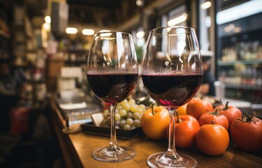 Enjoy the rich flavors of Italy with two glasses of red wine made from grapes, perfectly paired with a selection of fresh fruits