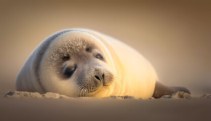 a baby seal laying on the beach in the sand with its head turned to the side and eyes closed - obrazy, fototapety, plakaty