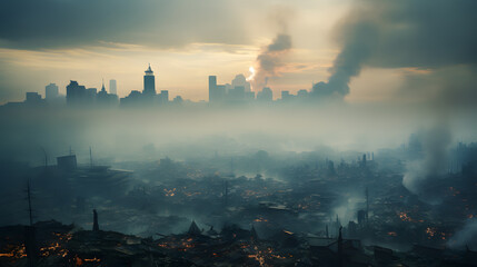 Fototapeta premium A cityscape shrouded in a thick layer of smog, highlighting the detrimental effects of pollution on air quality and the health of urban populations.