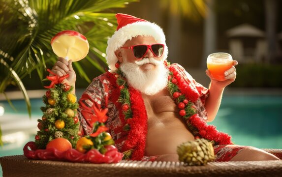 Santa wearing sunglasses and flip flops relaxing poolside with a fruity cocktail in July