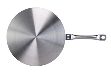 Stainless steel heat diffuser with handle, adapter isolated on white background.