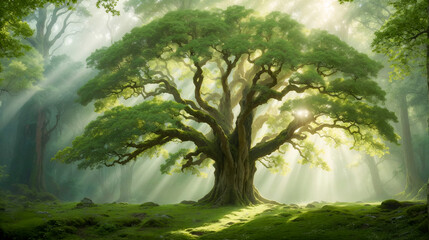 Enchanted Forest Landscape: Towering Ancient Trees, Meticulous Fantasy Art, Lush Green Leaves, and Sunlit Tranquility