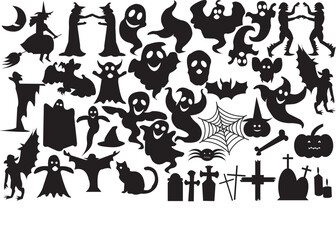 Set of silhouettes of Halloween on a white background. Vector illustration