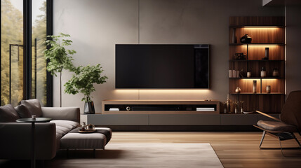 Home interior, TV wall and TV cabinet