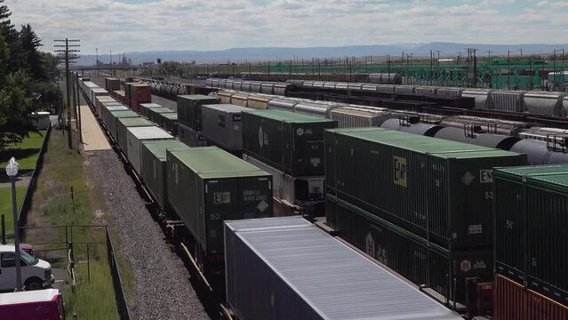 Freight trains leave Laramie freight yards, Wyoming, USA