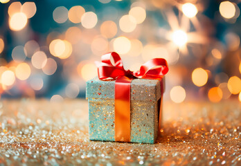 Gift or present wrapped in golden paper with glitter and a red bow tie ribbon. Concept of giving, charismas and special occasions. Shallow field of view with copy space.