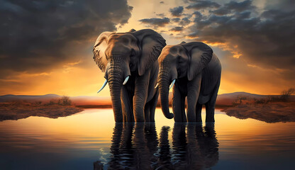 Fototapeta na wymiar a couple of elephants standing in the water at sunset or dawn with a cloudy sky in the background and a sun reflecting on the water