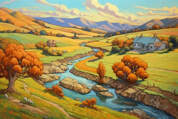 Scenic painting of a rural area with a stream and hills. Generative AI