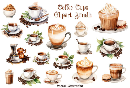 Coffee Cup Watercolor on white background. Watercolor painting daily routine objects. Coffee Cups in cafe shop, morning drinks espresso, cappuccino, delicious beverages clipart set