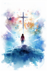 watercolor illustration. a young man sees the cross of Jesus Christ in the sky.
