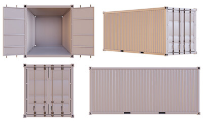 White Empty Shipping Container Template 20 feet size. 3D Illustration with PNG Transparent Background. Transport, storage and shipping concept.