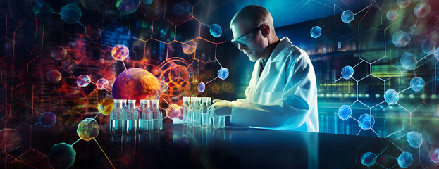 Scientist in Laboratory with Medical Testing Tubes, Blood Cells, and DNA Genome Sequencing Hologram