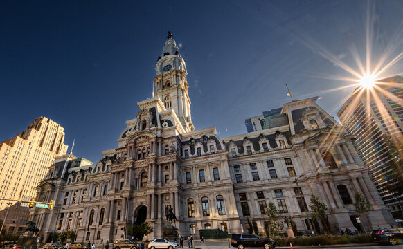 Philadelphia, PA – US – Oct 13, 2023 Wide angle sunset image of the ornate Second Empire style Philadelphia City Hall, built in 1894. Located in Center City section of Philadelphia.